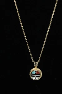 Colgante Zuni 14k. Mopa Navajo Turquesa Cornalina Incrustación en un bote redondo - Imagen 1 de 8