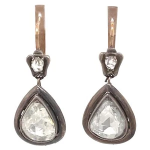Victorian Style Apx 5ct Pear Rose Cut Diamond Drop Earrings - Picture 1 of 10