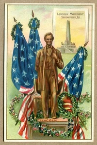 CUMPLEAÑOS LINCOLN. BANDERA PATRIÓTICA Embosada Monumento a Lincoln Años 1900 BANDERA EE. UU. - Imagen 1 de 2