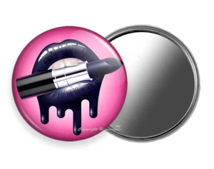 COOL BLACK LIPS BITING LIPSTICK  PINK BG PURSE POCKET HANDHELD MIRROR GIFT IDEA - Picture 1 of 1
