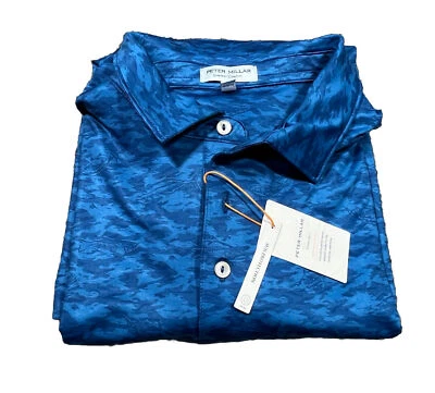 NUEVA Camisa Polo de Golf Peter Millar CS Verano Comodidad TG Pez Camuflaje Estampado XL Azul Foto 1 de 4