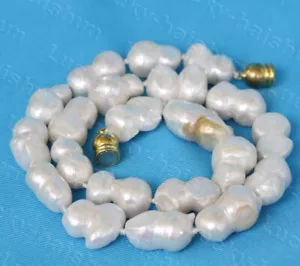 Genuine 17" 19mm twin white freshwater pearls beads necklace c1257 - Picture 1 of 3