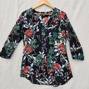 Rose & Olive Floral Top Black Red Green Boho Career Business Casual Size L - Picture 1 of 12