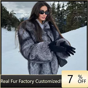 Luxury Women Real Silver Fox Fur Coat Warm Thick Jacket Trendy Fluffy Outerwear  - Picture 1 of 6