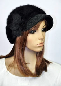 Women 2-Tone Black Faux Rabbit Fur Wool Acrylic Cute Flower Hat Newsboy Cap - Picture 1 of 6