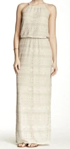 SHARAGANO Ivory Embroidered Lace Stretch Halter Long Maxi Dress NEW Womens Sz 14 - Picture 1 of 11