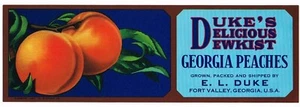 ETIQUETA ORIGINAL DE CAJA ANTIGUA DE COLECCIÓN MELOCOTÓN FUERTE VALLE GEORGIA 1950 DUKE'S DELICIOSO - Imagen 1 de 1