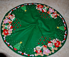 Vintage Finished Bucilla Green Felt Sequin Christmas Tree Skirt Bear Family 41"