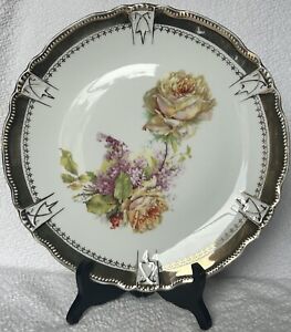 Three Crown China Dinner Plate 9 5/8”W Antique  1909-1916 Roses Lilacs Gold Edge