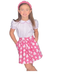 JAMES & LOTTIE White S/S Top/Christmas Tree Print Skirt-White/Pink-NWOT Girls 12 - Picture 1 of 2