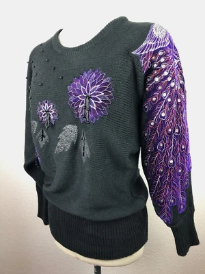 Suéter de Colección Para Mujer Años 80 Con Cuentas Mediano Negro Plumas de Pavo Real Manga Dolman BONITO Foto 1 de 4