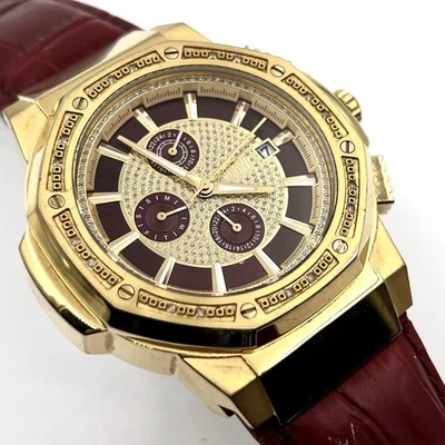 JBW Saxon 48mm Gold Tone Quartz Men's Watch JB-6101L-R Blocky Red Leather Band - Image 1 of 4