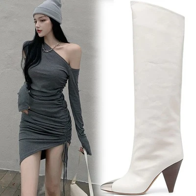 Mujeres Cuero Real Metal Punta Punta Tacón Alto Botines Botas Hasta la Rodilla Talla Foto 1 de 4