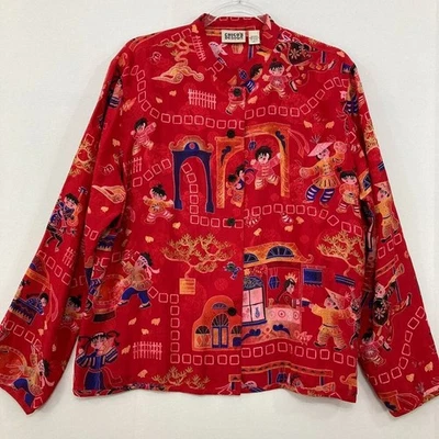 Chico's Talla XL/3 Rojo Multi Asiático Inspirado Pura Seda Botones Festival Boho Foto 1 de 4