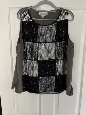 Camiseta sin mangas Diane Gilman seda lentejuelas negra gris talla 1X Plus para mujer’s Foto 1 de 4