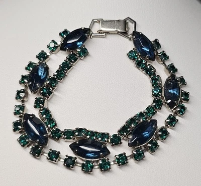 绿色方形和蓝色钻石形状犀牛石手链银色 7 1/2 — 第 1/4 张图片