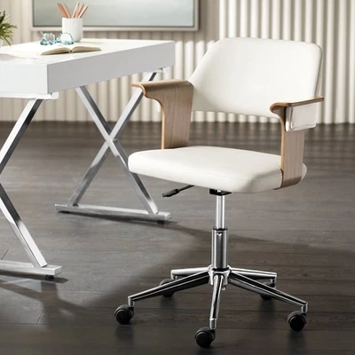 Silla de oficina giratoria ajustable de tela blanca y madera gris Milano Foto 1 de 4