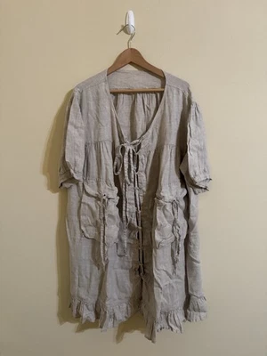Magnolia Pearl Love Ruffle Trim Tie Front Tunic Linen Duster Coat Grey One Size - Image 1 of 4