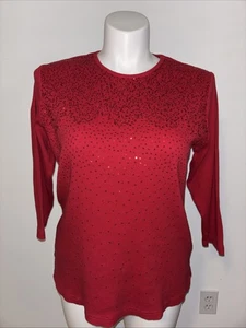 Quacker Factory XL Red Sequin Embellished Knit Top Holiday Sparkle Long Sleeve - Picture 1 of 7