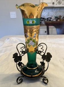 Vtg Bohemia Emerald Green Glass Gold Hand Painted Botanical Vase Metal Stand - Picture 1 of 6