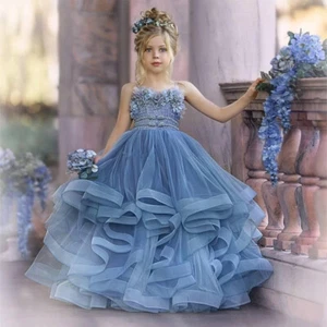 Blue Flower Girl Dress For Wedding Kid Pageant Gowns Tulle First Communion Dress - Picture 1 of 10