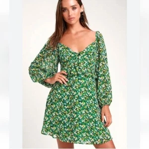 Lulus Forsythia Green Floral Print Long Sleeve Tie-Front Dress Size Large L - Picture 1 of 10