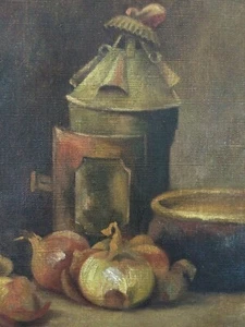 Ein antikes Original Ölgemälde auf Leinwand Stillleben Zwiebelsuppe  - Bild 1 von 12