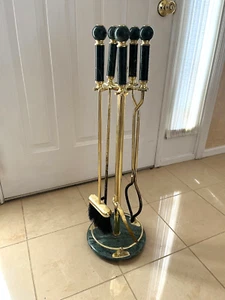 Sehr schönes Vintage grüner Marmor (GRIFFE UND SOCKEL) und Messing Kamin Werkzeug Set - Bild 1 von 3