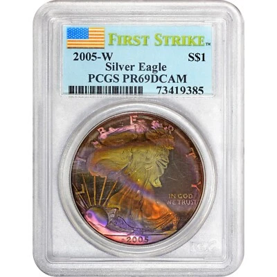 2005w PCGS PR69DCAM  - SUPERB  Silver Eagle Rainbow Toning Silver Dollar  AA - Image 1 of 3
