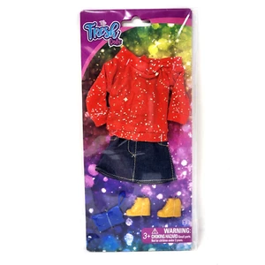 The Fresh Dolls Fashion Pack Outfit Clothing Red Shirt Jean Skirt Gold Shoes - Picture 1 of 13