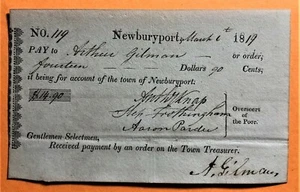 WELFARE CHECK of 1819 to A. GILMAN  NEWBURYPORT MASS with OVERSEERS SIGNATURES - Picture 1 of 2