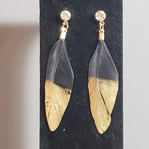 Dangle Feather Earrings Gold Tone Mid Century Retro Modern Boho Pierced 2.75" - Picture 1 of 9