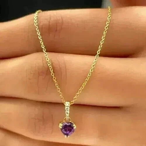 Colgante de cadena para mujer de amatista creada en laboratorio con corte de corazón de 2 quilates enchapado en oro amarillo de 14 quilates Foto 1 de 3
