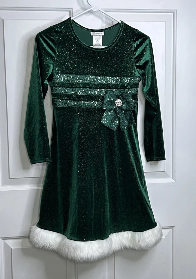 Vestido Bonnie Jean Terciopelo Línea A Niñas 14 Verde Brillo Lentejuelas Vacaciones Navidad LEER Foto 1 de 4