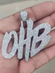 1.90Ct Round cut Simulated Diamond "OHB" Custom Pendant 14K White Gold Plated - Picture 1 of 3