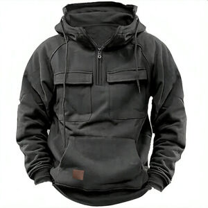 Men Tactical Sweatshirt Quarter Zip Cargo Pullover Hoodies Outdoor Winter Jacket