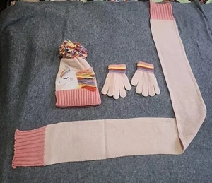 Pink Unicorn Knit Hat Gloves Scarf Set Kids Size 6-10 Years - Picture 1 of 6