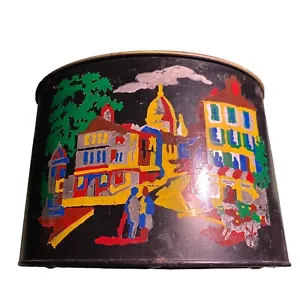 Stunning Vintage City Scape Hand Painted Metal Planter Container Mail Bin - Picture 1 of 4