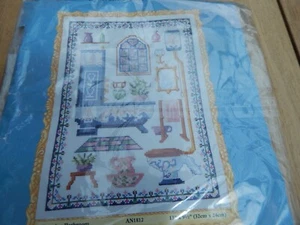 Vintage englischer COTTAGE SAMPLER STIL Nadelspitze Wandteppich unvollendet 13" x 19 - Bild 1 von 6