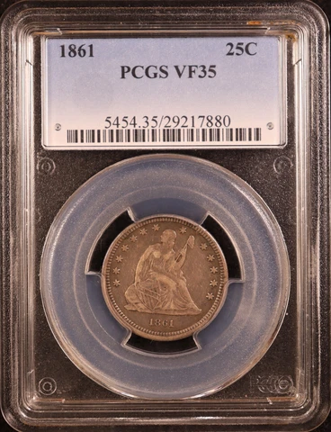 1861-P Seated Liberty Silver Quarter - PCGS VF35 - Nice Original! Civil War Era! Cover
