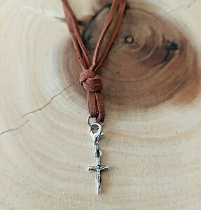 Leather Necklace Christian Cross Pendant Handmade Surfer Men Woman Choker Brown