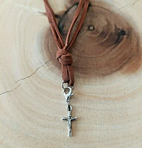 Leather Necklace Christian Cross Pendant Handmade Surfer Men Woman Choker Brown - Picture 1 of 1