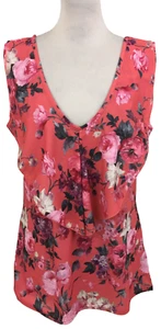 Jane Norman Women's Top Size 16 Coral Floral Lightweight Ruffle V-Neck Used F1 - Picture 1 of 11