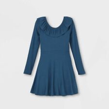 Girls' Rib Ruffle Neck Long Sleeve Dress - art class Blue M