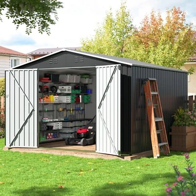POLAR AURORA 10x10 FT Outdoor Metal Storage Shed with Sturdy Frame & Lockable Door, Gray