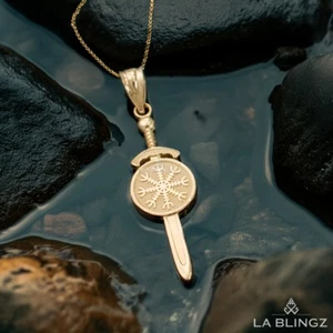 Gold Viking Sword Pendant Necklace, Norse Vegvisir Amulet, 10K 14K Yellow White - Picture 1 of 14