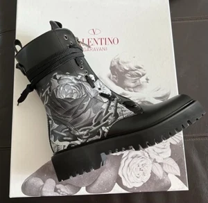 VALENTINO GARAVANI Naked Floral Rose Leather Combat Boots US 8 and US 11 - Picture 1 of 9