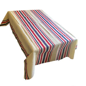 La Basque Maison Jean Vier Tablecloth Ivory Blue Red Cotton Linen Stripe 88x63 - Picture 1 of 10