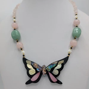 Lee Sands Abalone MOP Inlay Schmetterling Rosenquarz Jade Perlen Halskette 20" Vintage - Bild 1 von 24