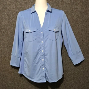 J McLaughlin Top Womens Medium Blue Brynn Button Up 3/4 Sleeve Pocket Collared - Picture 1 of 10